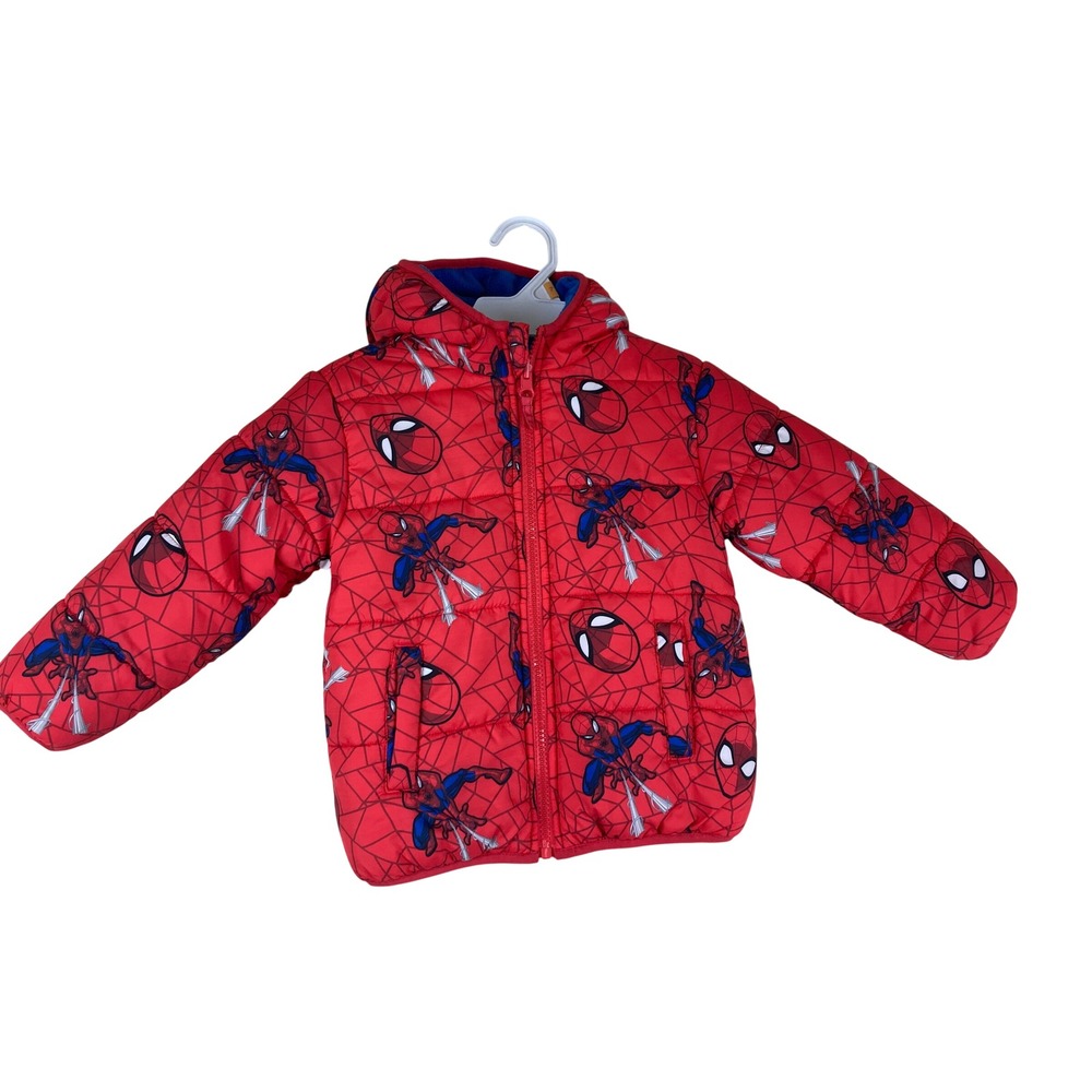 Marvel Spider-Man Puffer Jacket Kids 3T Red Hooded Fleece Lined Super Hero